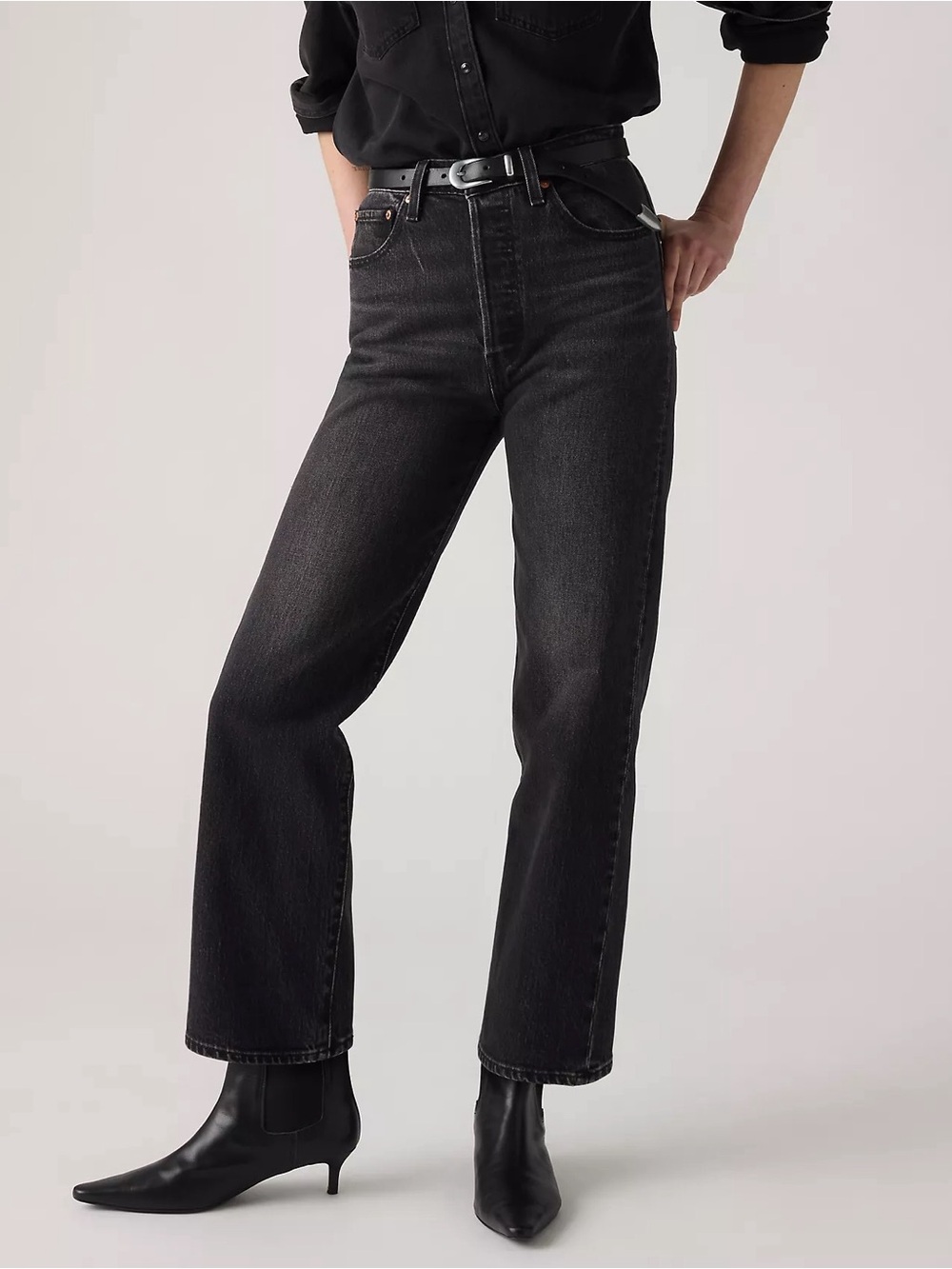 Levis Premium Ribcage Straight Ankle Jeans Womens 26x27 Black High Rise Denim